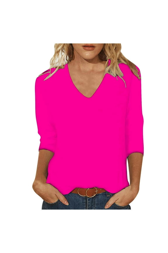 Women's Long Sleeve Tops Casual Solid Color Loose T-shirt 3/4 Sleeves V-Neck Blouse Hot Pink
