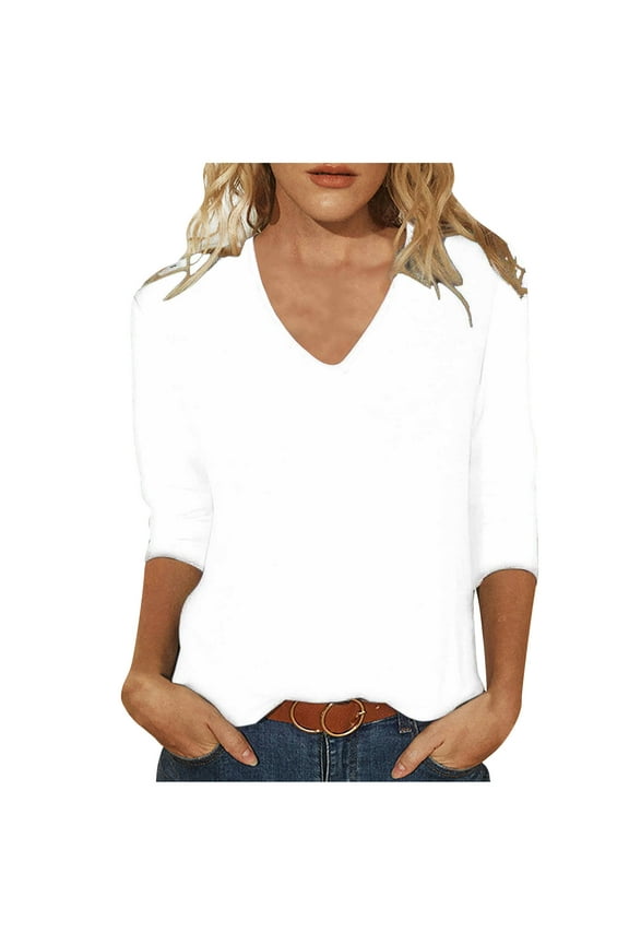 Women's Long Sleeve Tops Casual Solid Color Loose T-shirt 3/4 Sleeves V-Neck Blouse White