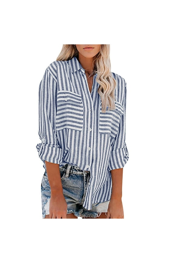 Women's Long Sleeve Tops Women's Striped Printed Single Breasted Shirt Cotton Linen Blouse Blue