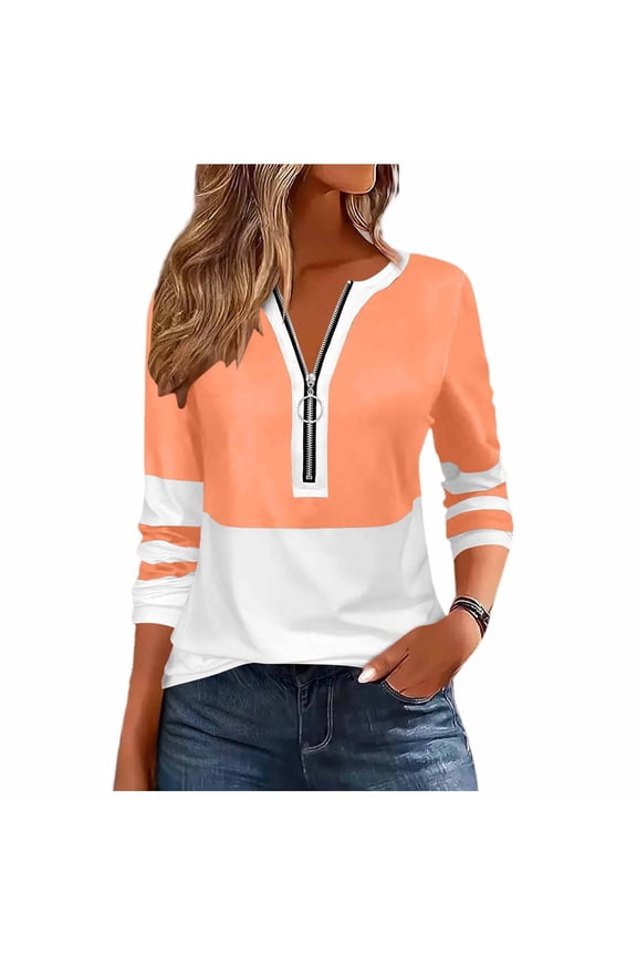 Women's Long Sleeve Tops Fall Color Block Zipper T Shirts Casual Ladies Tees Fashion Regular Fit Pullover Blouses Orange