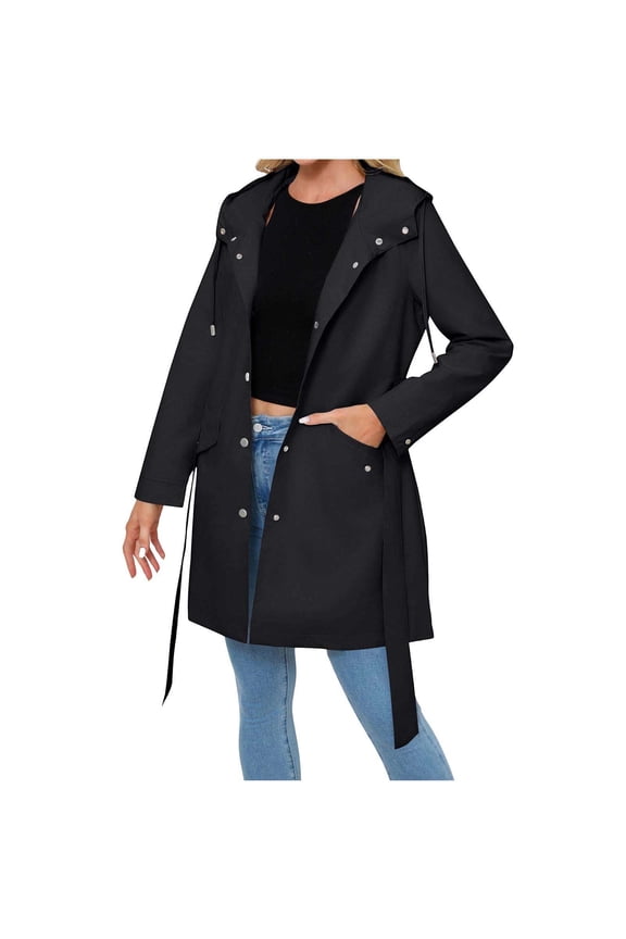 Women's Long Sleeve Waterproof Hooded Trench Coat with Belt Lightweight Casual Loose Fit Drawstring Coat Outerwear Black