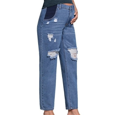 CaComMARK PI Women's Maternity Casual High Waist Zipper Ripped Jeans Pants Trousers Mom Fit Denim Pants clearance sale