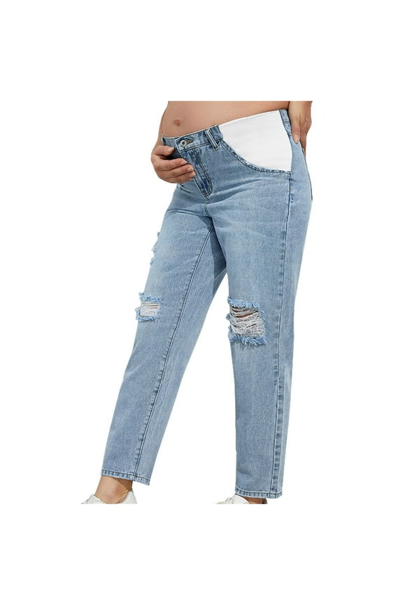 Women's Maternity Casual High Waist Zipper Ripped Jeans Pants Trousers Mom Fit Denim Pants sales today prime clearance