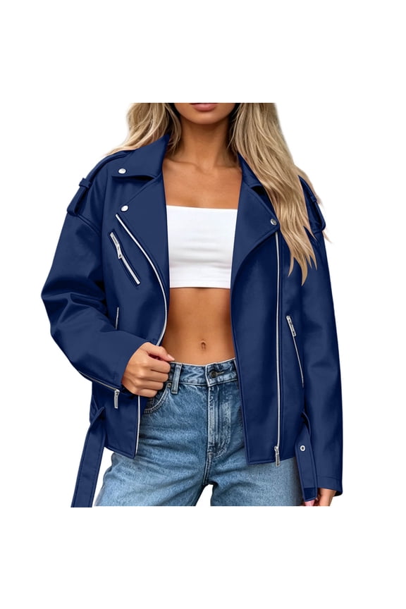 Women's Metallic Faux Leather Moto Biker Jacket Holographic Shiny Zipper Up Party Jackets with Zipper Pockets Blue