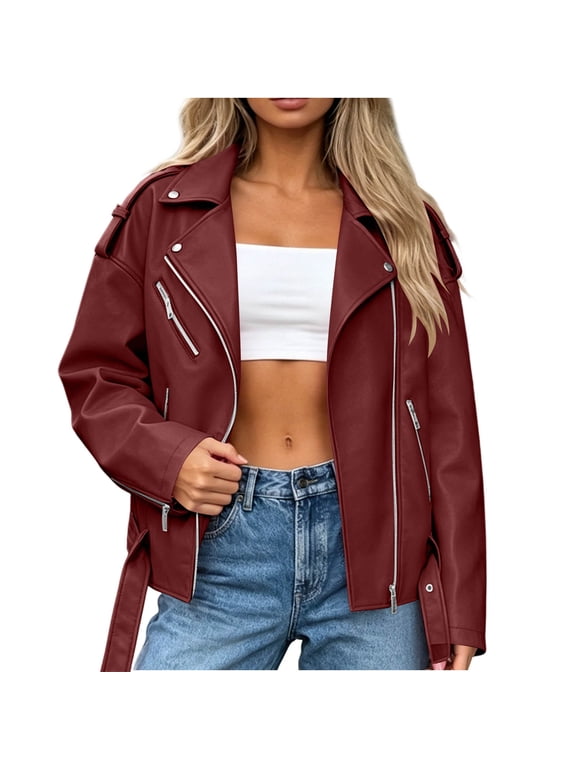 Women's Metallic Faux Leather Moto Biker Jacket Holographic Shiny Zipper Up Party Jackets with Zipper Pockets Wine