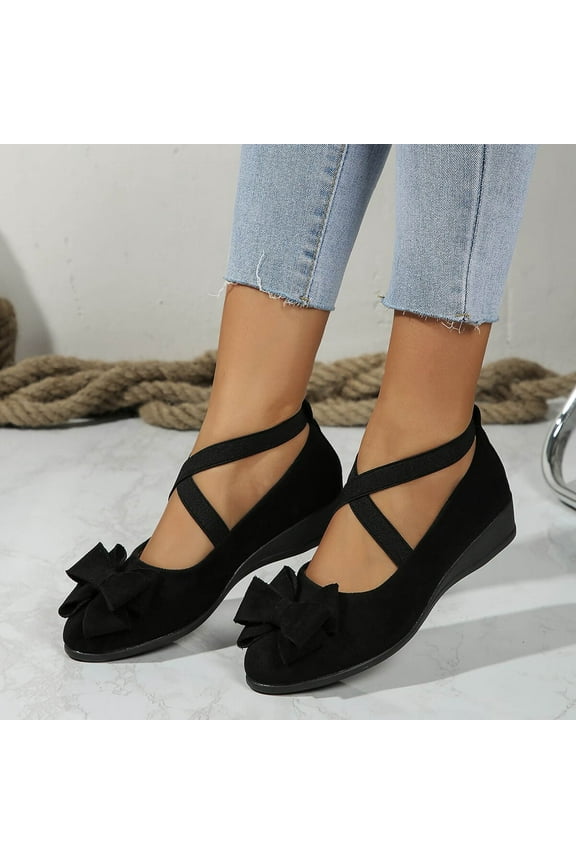 Women's New Large Size Suede Bow Shallow Elastic Lacing Round Head Women's Shoes Low Heel Slope Shoes 90 off clearance sale