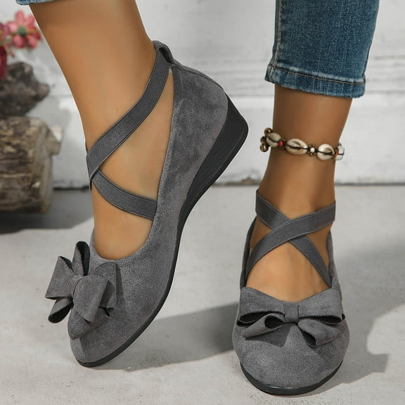 CaComMARK PI Women's New Large Size Suede Bow Shallow Elastic Lacing Round Head Women's Shoes Low Heel Slope Shoes sales today