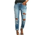 thumbnail image 1 of CaComMARK PI Women's Pants Women Casual High Waist Pocket Solid Color Trousers Straight-Leg Ripped Jeans Blue, 1 of 9