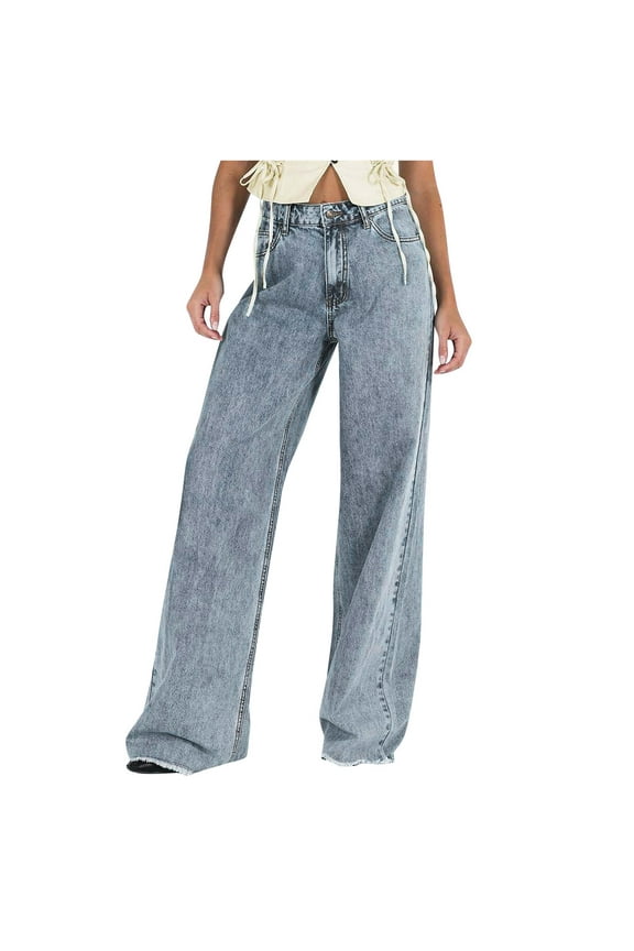 CaComMARK PI Women's Pants Plus Size Clearance Women's Classic Retro Casual Wide Leg Trousers Denim Pants Jeans Light Blue