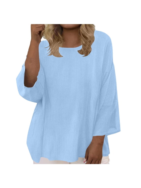 Women's Plus Size Summer Cotton Gauze Shirts 3/4 Sleeve Round Neck Casual Loose Beach Flowy Tops Light Blue