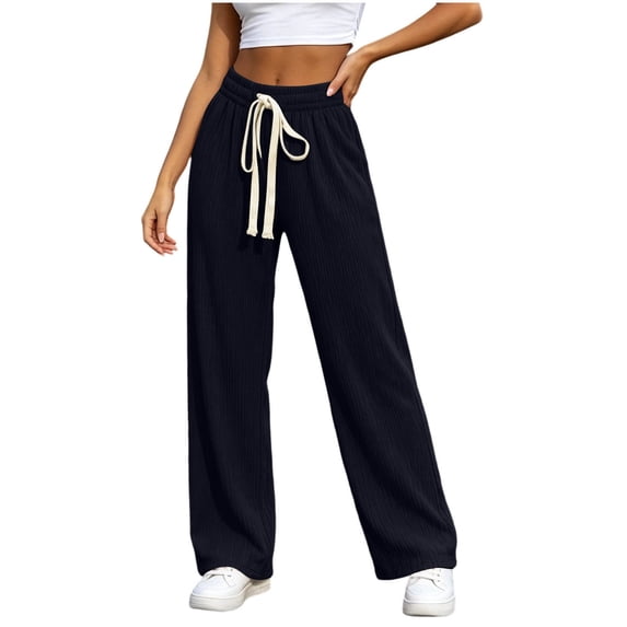 CaComMARK PI Women's Ribbed High-Waisted Drawstring Wide Leg Lounge Pants Casual Baggy Soft Sweatpants with Pockets Black