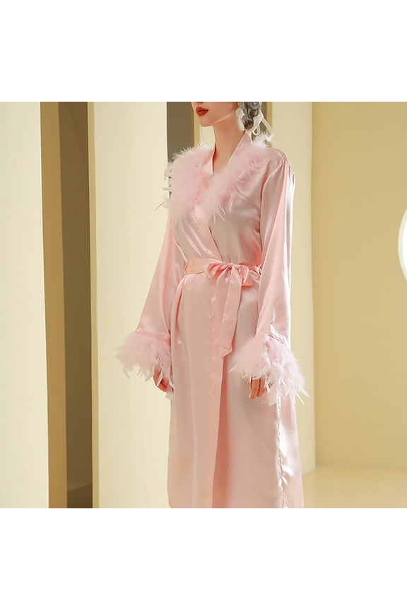 Women's Robe Satin Kimono Robe Long Silky Bath Robe with Ostrich Feather Trim Sleepwear Wedding Bridesmaid Robe Pink M(M)