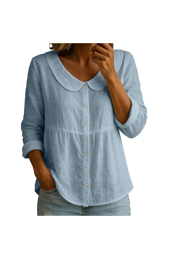 Women's Ruff Neck Tops Button Down Long Sleeve Shirts Dressy Elegant Loose Fit Casual office Blouse Blue