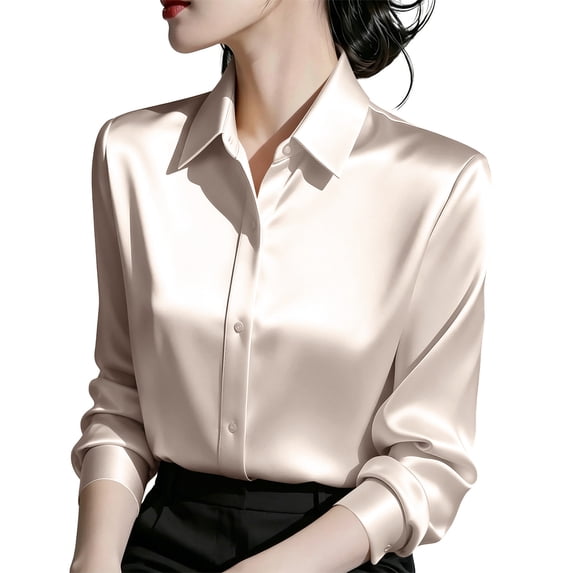 CaComMARK PI Women's Satin Blouse Long Sleeve Button Down Shirt Business Casual Dressy office Tops Date Night Going Out Outfits Beige