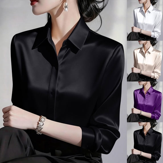CaComMARK PI Women's Satin Blouse Long Sleeve Button Down Shirt Business Casual Dressy office Tops Date Night Going Out Outfits White