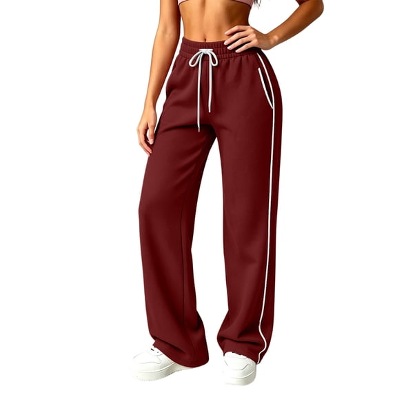 CaComMARK PI Women's Side Stripe Wide Leg Sweatpants Drawstring Relaxed Fit Baggy Sweatpants with Pockets Wine