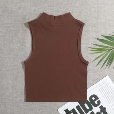 DAY VILLAGE Women's Ribbed Crop Tank Top - High Neck Sleeveless Racerback Fitted Shirt