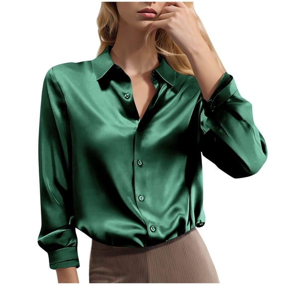 CaComMARK PI Women's Soft Satin Silk Tops Button Down Shirts for Women Silky Long Sleeve Collared Work Dressy Blouses Army Green