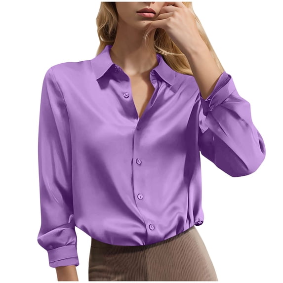 CaComMARK PI Women's Soft Satin Silk Tops Button Down Shirts for Women Silky Long Sleeve Collared Work Dressy Blouses Blue