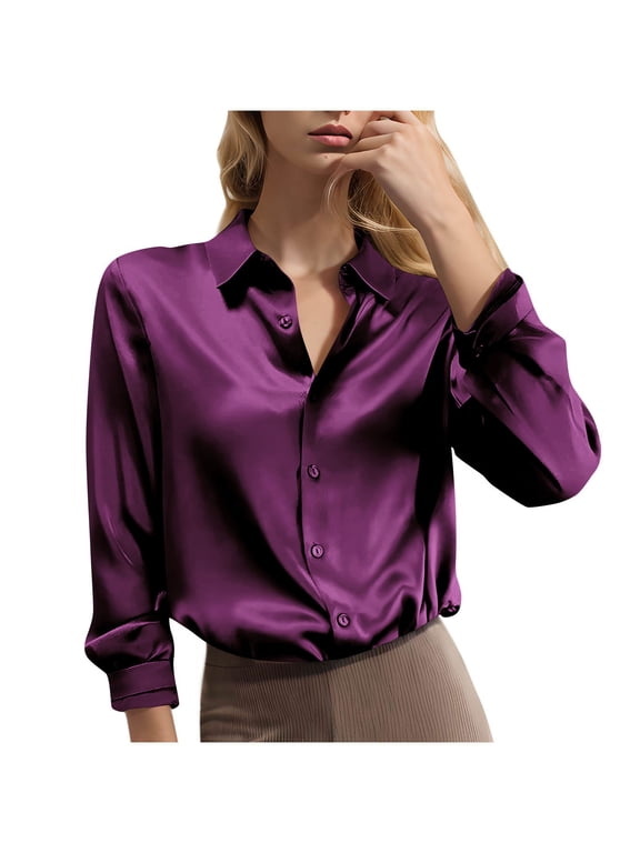 Women's Soft Satin Silk Tops Button Down Shirts for Women Silky Long Sleeve Collared Work Dressy Blouses Purple