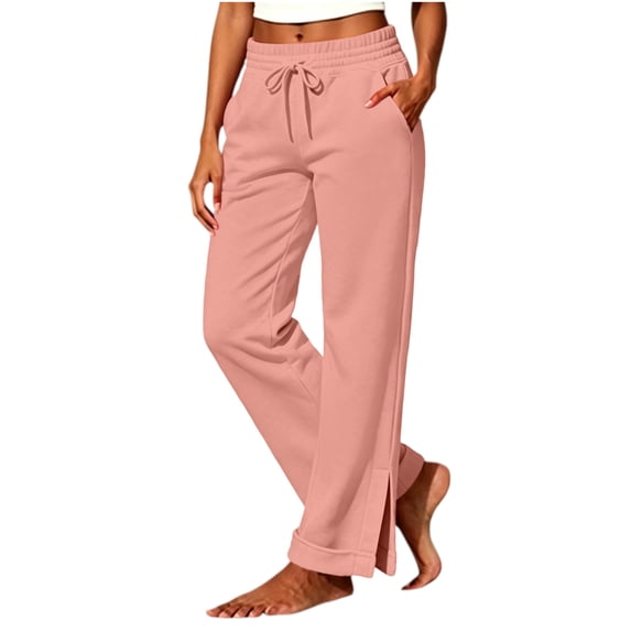 CaComMARK PI Women's Straight Leg Sweatpants Drawstring Side Split Casual Pull On Lounge Pants with Pockets Pink