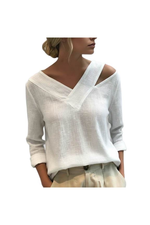 Women's Stylish V-Neck off-the-Shoulder Top Long Sleeve One Shoulder Casual Blouse Shirts for Spring Fall White