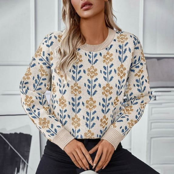 CaComMARK PI Women's Sweater Floral Contrast Plaid Knitted Sweater Pullover Round Neck Long Sleeve Top Beige 4(S)