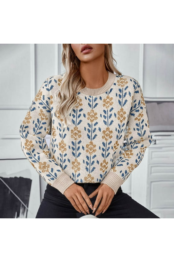 Women's Sweater Floral Contrast Plaid Knitted Sweater Pullover Round Neck Long Sleeve Top Beige 8(L)