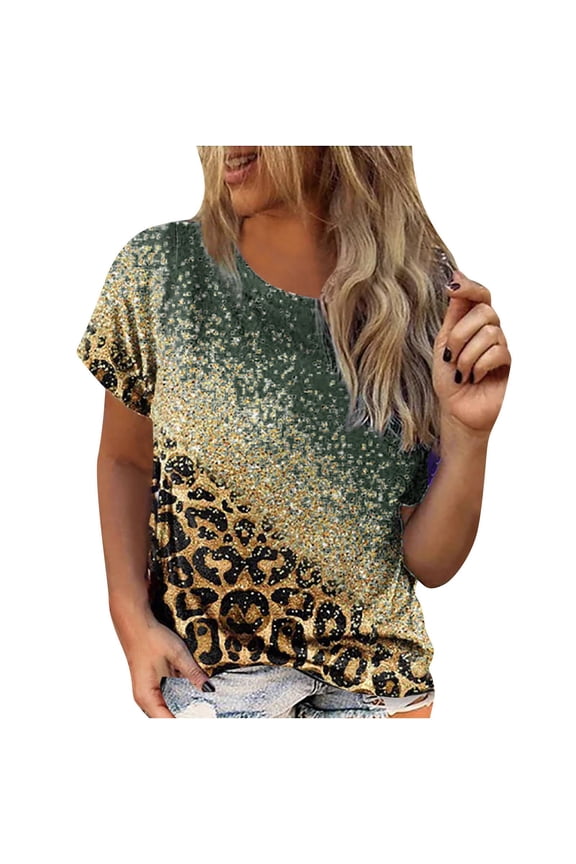 Women's Tops Women Summer Sexy Fold Printed Regular Short Sleeve Round Neck Button Top Army Green