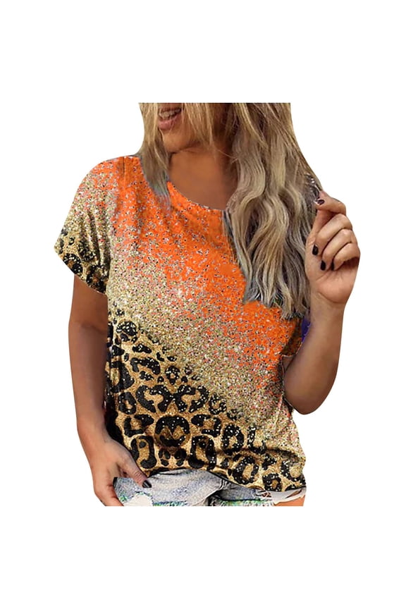 Women's Tops Women Summer Sexy Fold Printed Regular Short Sleeve Round Neck Button Top Brown