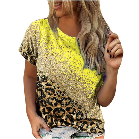 CaComMARK PI Women's Tops Women Summer Sexy Fold Printed Regular Short Sleeve Round Neck Button Top Yellow
