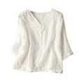 thumbnail image 1 of CaComMARK PI Women's Tops Women's 3/4 Sleeve Cotton Linen Blouse Thin Breathable T-Shirt White, 1 of 6