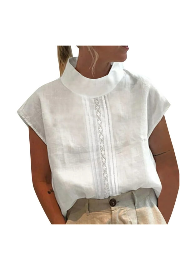 Women's Tops Womens Spring Summer Solid Color Casual High Neck T-Shirt Cotton Linen Lace Blouse White