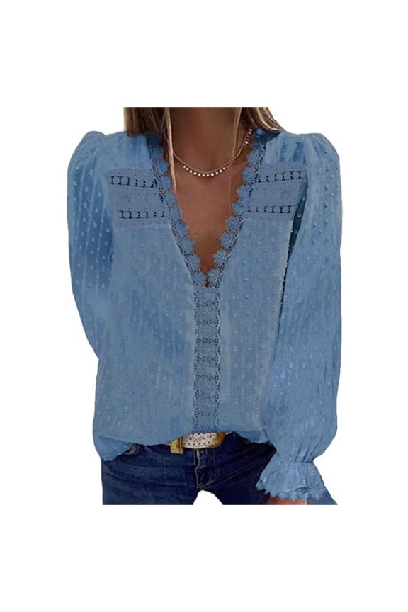 Women's Tops Long Sleeve Autumn Women's Casual Flared Sleeve V-Neck Blouse Solid Color Loose T-Shirt Blue