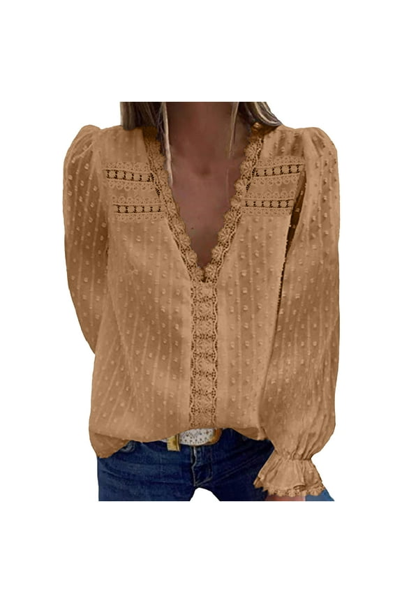 Women's Tops Long Sleeve Autumn Women's Casual Flared Sleeve V-Neck Blouse Solid Color Loose T-Shirt Khaki