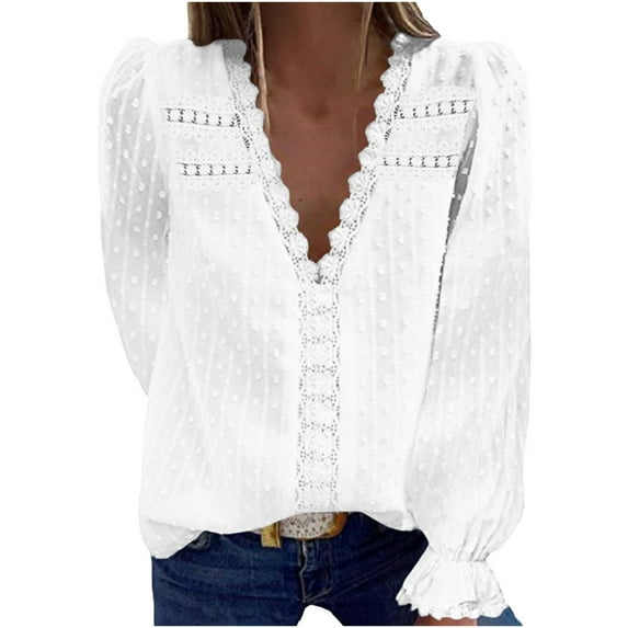 CaComMARK PI Women's Tops Long Sleeve Autumn Clearance Women's Casual Flared Sleeve V-Neck Blouse Solid Color Loose T-Shirt White