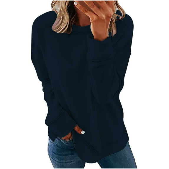 CaComMARK PI Women's Tops Long Sleeve Autumn Clearance Women's Casual Solid Color Round Neck Blouse Sweatshirt Pullover Loose Tunic T-Shirt Dark Blue