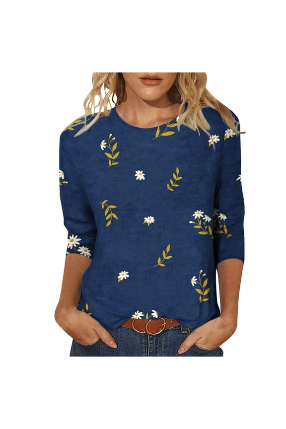 Women's Tops Long Sleeve Autumn Women's Printed Loose 3/4 Sleeve T-Shirt Casual Round Neck Blouse Dark Blue