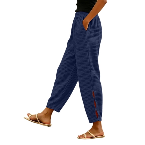 CaComMARK PI Women's Waffle Knit Joggers Side Split Waffle Knit Joggers Drawstring Waist Baggy Casual Sweatpants with Pockets Navy
