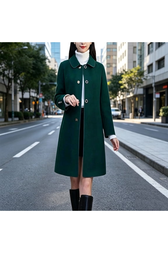 Women's Winter Outerwear Overcoat Peter Pan Collar Long Sleeve Mid-thigh A-line Button up Work office Coats Army Green