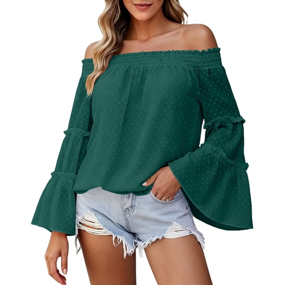 CaComMARK PI Women's off Shoulder Tops Bell Long Sleeve Chiffon Blouse Casual Loose Shirts Trendy Flowy Dressy Vacation Outfits Army Green