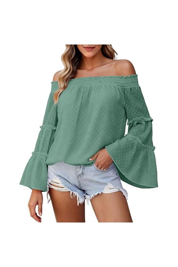 Women's off Shoulder Tops Bell Long Sleeve Chiffon Blouse Casual Loose Shirts Trendy Flowy Dressy Vacation Outfits Green