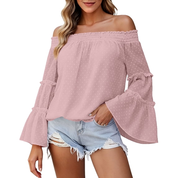 CaComMARK PI Women's off Shoulder Tops Bell Long Sleeve Chiffon Blouse Casual Loose Shirts Trendy Flowy Dressy Vacation Outfits Pink