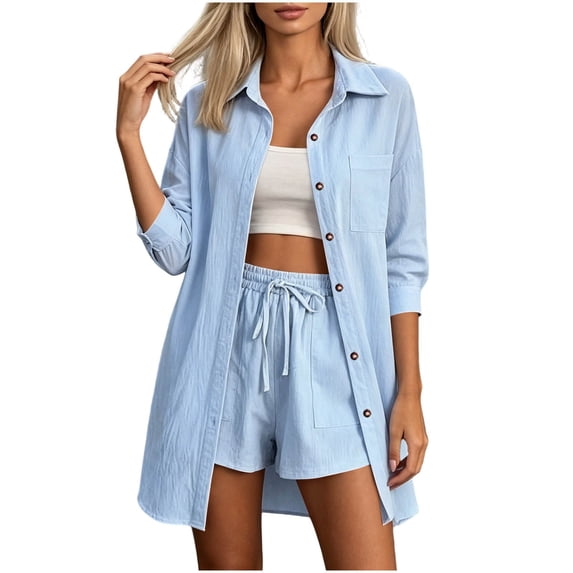 CaComMARK PI Womens 3/4 Sleeve Tops Casual Long Collared Button Down Shirt Jackets Dressy Flowy Beach Vacation Blouse Light Blue