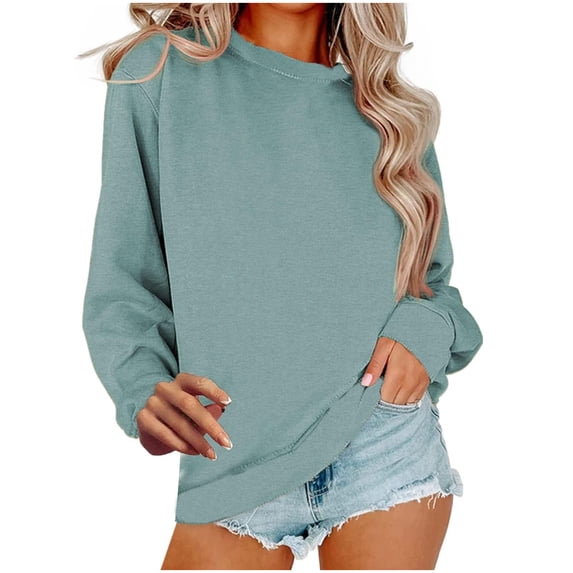 CaComMARK PI Womens Fall Clothing Clearance Women's Solid Color Loose Round Neck Long Sleeve Blouse Hoodeless Sweatshirt Tops Light Blue