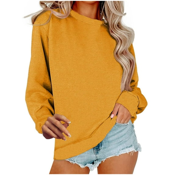 CaComMARK PI Womens Fall Clothing Women's Solid Color Loose Round Neck Long Sleeve Blouse Hoodeless Sweatshirt Tops Yellow