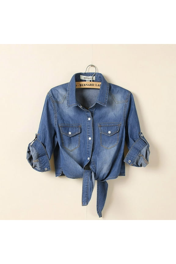 Womens Jackets Casual Tie Knot Denim Shirt 3/4 Sleeve Lapel Denim Button Down Crop Jacket CardiganUnder 3 Dollar