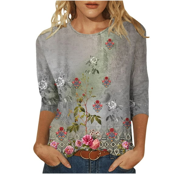 CaComMARK PI Womens Long Sleeve Shirts Clearance Blouse Printed Loose Tops 3/4 Sleeve