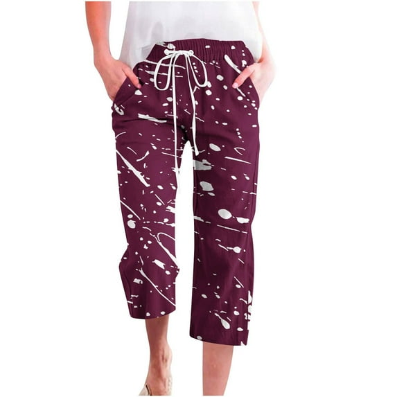 CaComMARK PI Womens Pants Plus Size Capris Solid Color Print Elastic Slacks Loose Cropped Trousers