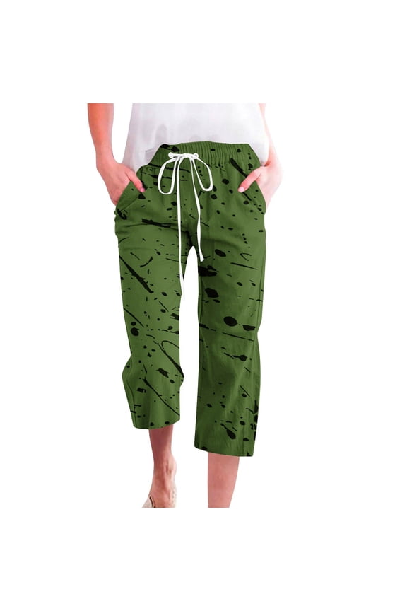 Womens Pants Plus Size Capris Solid Color Print Elastic Slacks Loose Cropped Trousers